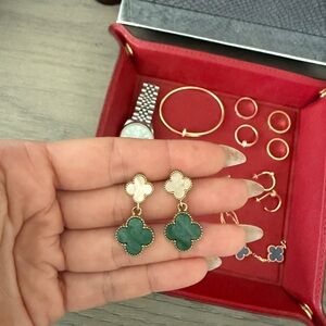 Vintage Alhambra 2 Motif Clover Green and Mother of Pearl Drop Earrings